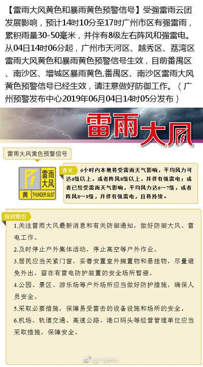 广州多区发布雷雨大风黄色和暴雨黄色预警信号