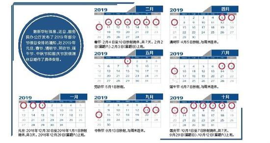 2019年部分节假日安排发布 明年五一只放一天