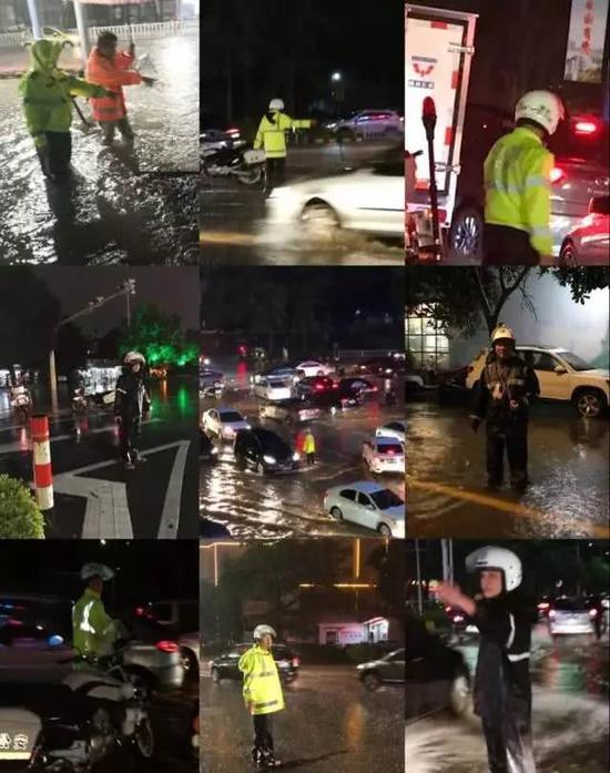 11日夜间，阳江市区部分路段内涝严重，交警全警出动，在雨中疏导交通。