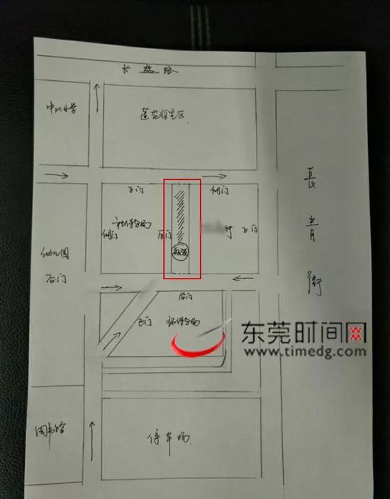 ▲网友手绘图，被占用道路位于图中红框处。