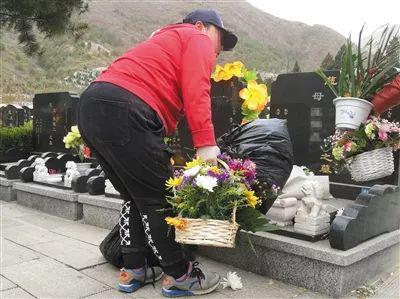 4月5日下午，德陵公墓，一女子将墓碑旁的花束收走。新京报实习生 陈婉婷 摄