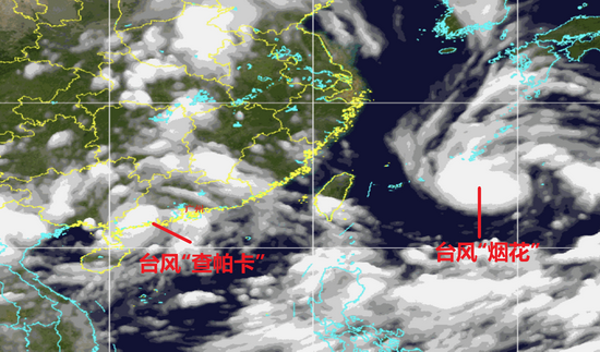 7月20日晚，“烟花”与“查帕卡”的合影 梁怿韬根据广州市气象台卫星云图制图