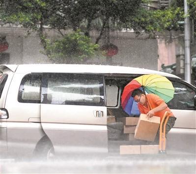 昨日中午，受台风“贝碧嘉”影响，广州下起了阵雨。图为一名男子雨中搬货。 广州日报全媒体记者黎旭阳 摄