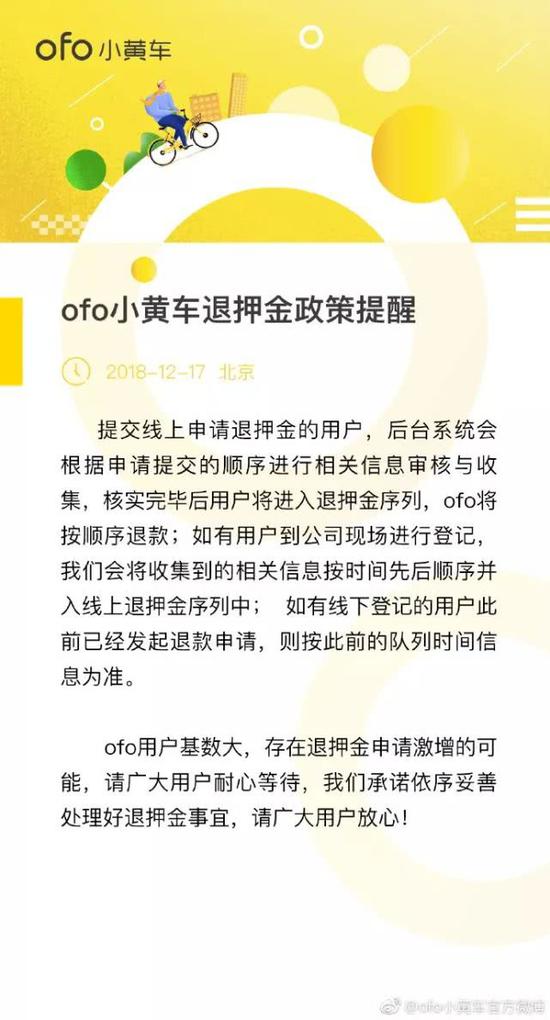 网上排队用户一夜减少60万，ofo仍需支付超过10亿元押金退款