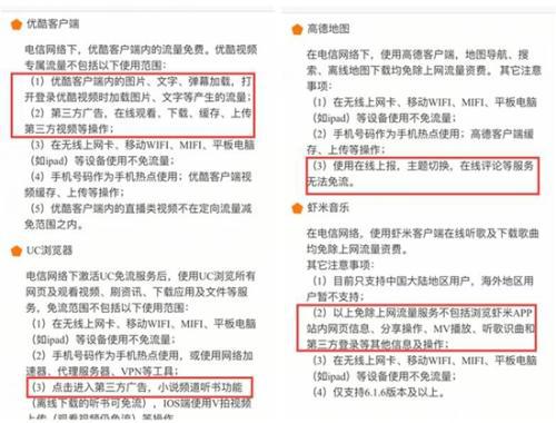 某定向流量卡说是不限流量,但设定了种种要求,用户难以做到不使用套餐外流量。APP截图