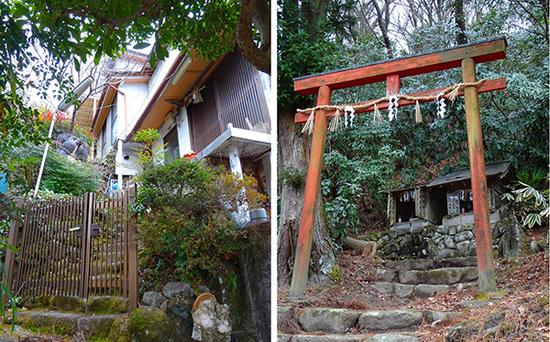 山路中的民宅和路边的神社