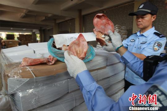 2018年3月26日,广州海关查获千吨走私冻品案,图为涉案走私冻猪耳朵。 刘燚燊 摄