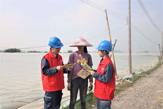 12月15日，为保障养殖户可靠用电，南方电网广东肇庆高要供电局志愿者们上门为养殖户送上安全用电小册子。（叶姗姗摄）