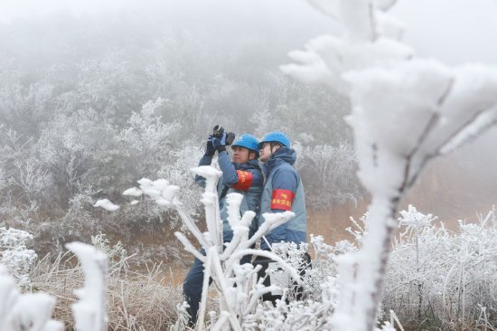 1月21日，南方电网广东河源供电局运维人员在高寒山区开展线路特巡。（杨璐 摄）