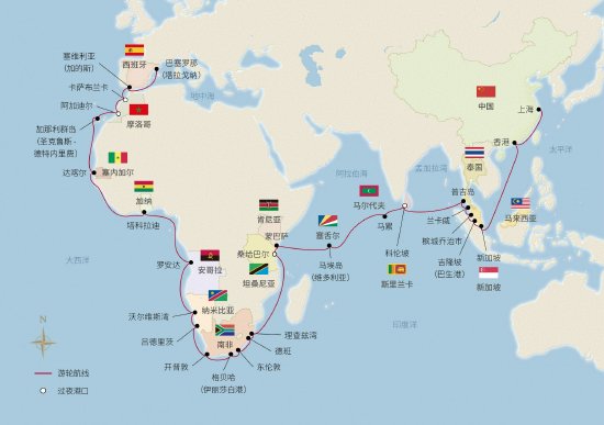 图：维京游轮“60日亚非欧发现之旅”将游访16国27个目的地