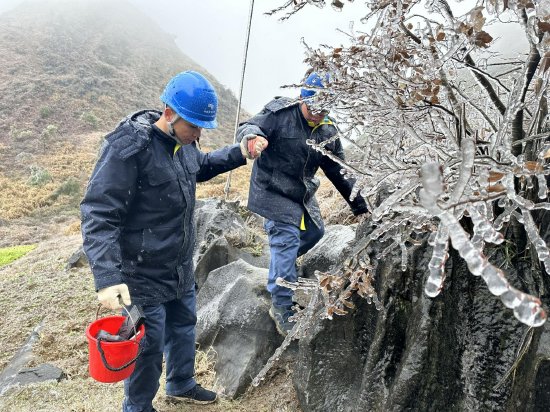 气温骤降，南方电网广东韶关乐昌供电局工作人员对供电线路展开特巡，路面结冰，工作人员搀扶前行。（李俊活 摄）