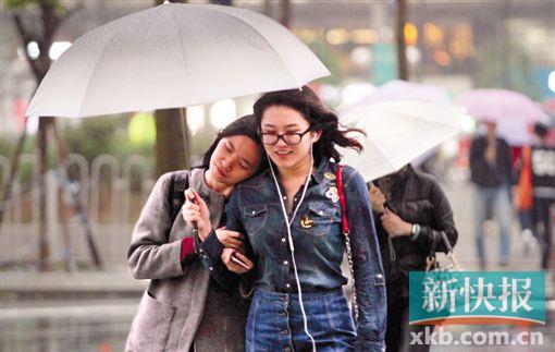 ■雨水不断，广州街头到处都是雨伞。