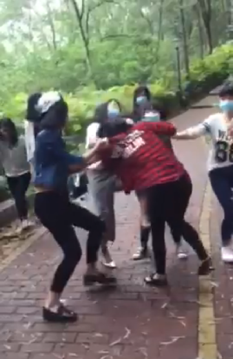 3名带口罩、1名没带口罩的女生对一名身穿红色上衣的女生边拳打脚踢（视频截图）