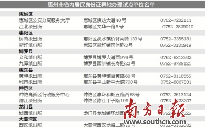 惠州试行省内居民身份证异地办理