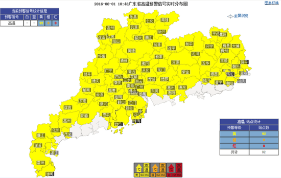 广东92个市县(区)高温黄色预警信号生效中