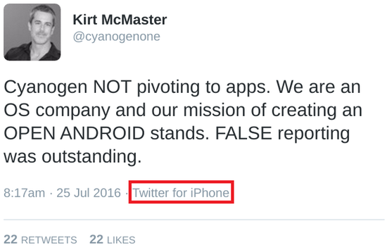 Cyanogen CEO用iPhone发布推特