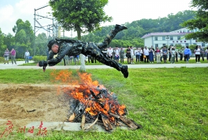 “猎人”训练中飞跃火海的战士。广州日报记者 邱伟荣 摄