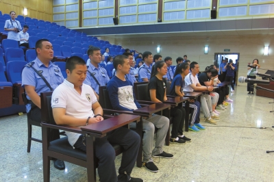 王某(左一)等9名嫌疑人受审。京华时报记者郑羽佳摄
