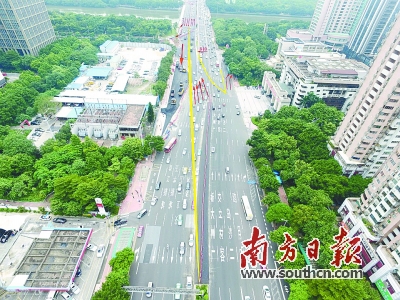 广州大桥新桥长1000米，宽24米，设置双向六车道。图为广州大道北往南方向交通疏解示意图。资料图片