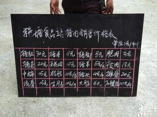 雅塘镇食品站公布的11月18日猪肉价格表，这面黑板每日更新价格后都会挂在农贸市场。