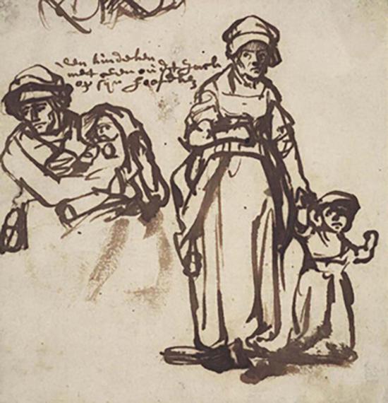 伦勃朗·凡·莱因（Rembrandt van Rijn），1606 – 1669：《妇人和两个孩子习作》