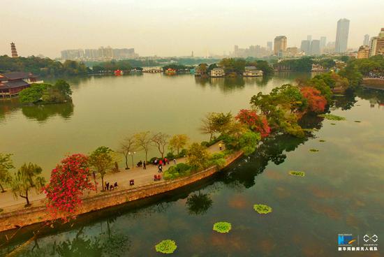 　惠州西湖风景名胜区地处广东省东南部惠州市惠城中心区，是以山水风光、人文景观为主体的国家级风景名胜区。由西湖和红花湖景区组成，素以五湖、六桥、十四景而闻名。西湖湖岸弯环曲折，湖上洲屿点缀、三面青山环抱。新华网发黄波摄