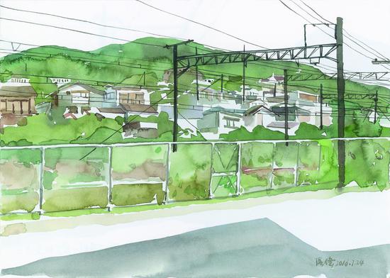 　　张伟 Zhang Wei《足柄下郡河原町-宫下铁道边上 Railway Side》纸本水彩 Watercolor on paper 25x35cm 2017