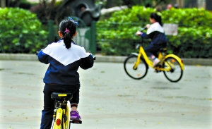 荔湾街头，小学生在骑共享单车。 实习生张帆 广州日报全媒体记者邱伟荣 摄