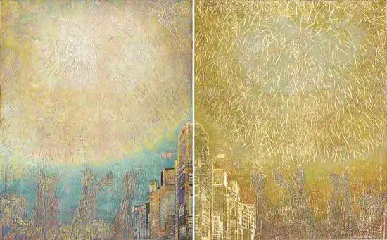 《 烟火季节Firework Season》 油印套色木刻 Multi-colored woodcut,62x100cm, 2006