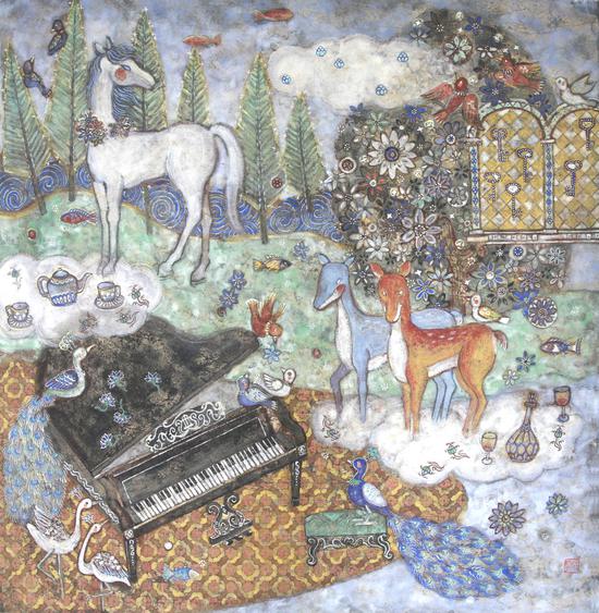 《等待是梦的诗Waiting is the Poem of Dream》 69x70cm 纸本重彩Mineral colors on paper 2016