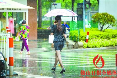 昨日下午3时许,暴雨突袭,禅城区季华五路与普澜二路交界处,一位市民撑伞走过。 /佛山日报记者王澍实习生杨伟健摄