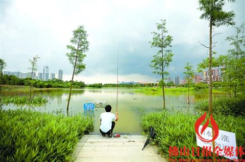连日的降雨让禅城区石湾湿地公园的低处被水淹没。7月5日下午,市民在积水边钓鱼。远处天色很黑,风雨欲来。 /佛山日报记者张弘弢摄
