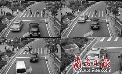 11日,电子警察在广州天河路天河东路路口投入使用。从视频监控可以看出,图中的出租车未礼让行人。 交宣供图