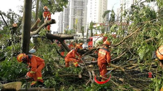 东莞消防官兵清理珠海大道上的路障，并且送水给珠海市民 图/全媒体记者 郑俊彦 通讯员 李焱 摄