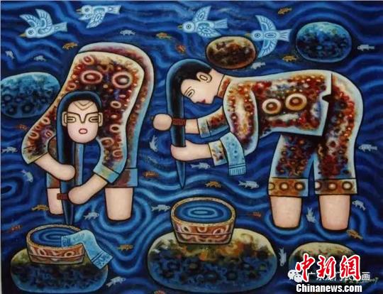 王汉池创作的农民画作品《梳洗》。龙门县委宣传部提供