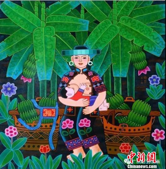 农民画家王汉池创作的农民画作品《母爱》。龙门县委宣传部提供