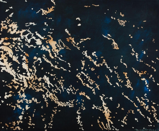 许伟波 《水花》，绢本水墨、银箔、矿物颜料，100×120cm，2022