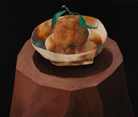 许伟波《大吉》，绢本丙烯、矿物颜料、银箔、铜箔，50×60cm，2022