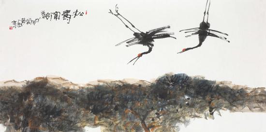 郭莽园 松寿鹤龄 纸本设色