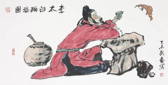 刘斯奋 李太白醉酒图69cmx138cm 纸本设色