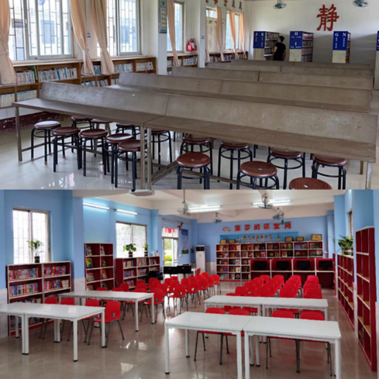 (新会九子沙小学童梦阅读空间改造前后对比图)