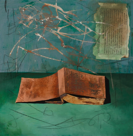 许伟波 《黄皮书》，布面丙烯、银箔、铜箔，60×60cm，2022