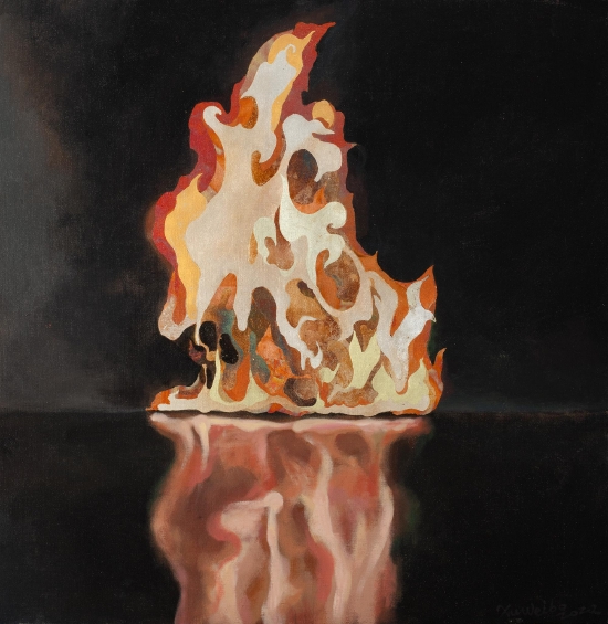 许伟波《火的几何学》，布面丙烯、银箔、金箔，60×60cm，2022