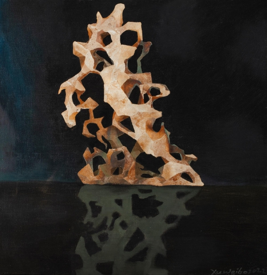 许伟波 《石的几何学》，布面丙烯、银箔、铜箔、金箔，60×60cm，2022 副本