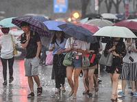 广州民众在暴雨中出行。 中新社记者 陈骥旻 摄