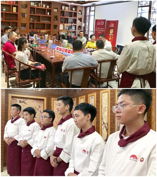 　　嘉宾交流会上，李锦记粤菜师傅班学生分享入学感受（由左至右：陈俊元、凌境烽、包县彬、聂清华、吴嘉乐、吴竟钊）