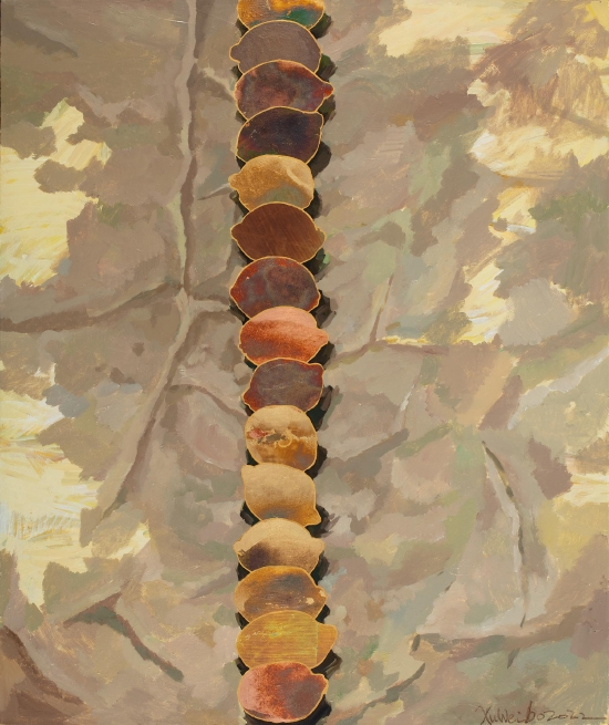许伟波 《叠罗汉》，布面丙烯、金箔、银箔、铜箔，120×100cm，2022