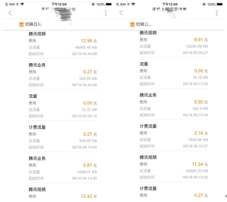 （18日凌晨4点到5点的部分流量清单截图，显示有不少腾讯视频的扣费）