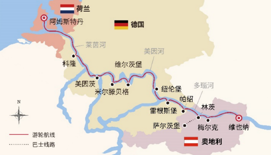 2024年维京游轮“15日欧洲古今风情之旅”航线图（以阿姆斯特丹-维也纳方向为例）