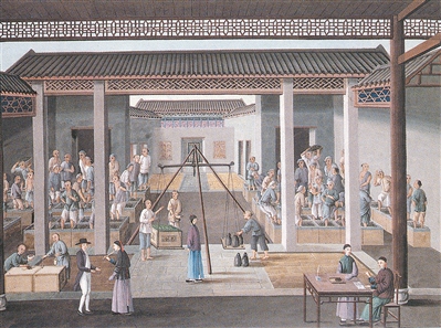 这幅水彩画由中国画家在1820年左右画下，展示广州茶叶仓库交易情景。